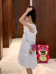 Elegant French Style Womens Dress Summer Design Hollow out Small Flying Sleeve White Medium Length Skirt High Waist A-Line