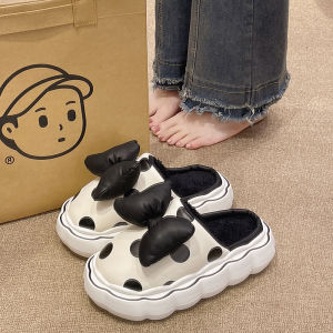 Bows Polka Dot Cotton Slippers Female Autumn and Winter Indoor and Outdoor Waterproof Non Slip Confinement Stuffed Heattech Platform Slippers