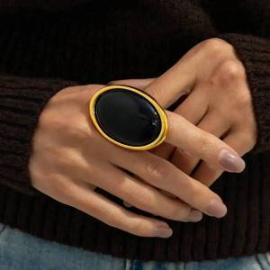 KunJoe New Red/Black Resin Acrylic Oval Adjustable Rings for Women Vintage Gold Color Geometric Knuckle Ring Jewelry Accessories