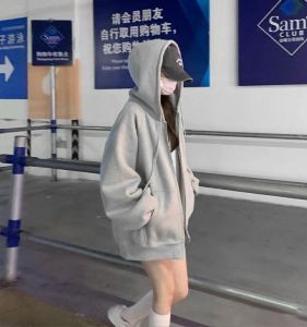 Loose Womens Zipper Hoodie Korean Style Long Sleeve round Neck Sweatshirt Polyester Spandex Spring Autumn Winter Unique Top Coat