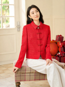 Cherry Red New Chinese Style Buttoned Silk Textured Short Jacket