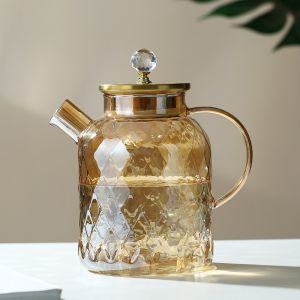 JUSTINLAU 1/1.8L Glass Tea Pot With Lid and Filter Champagne Tea Kettle Cold and Heat Resistant Tea Maker Home/Office Teapot