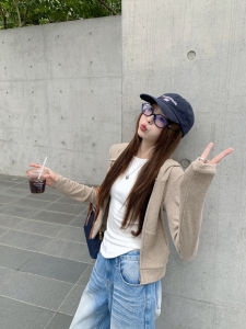 Oatmeal Hooded Zipper Waist-Cinching Jacket Long Sleeve Yoga Sporty Fit Short Cardigan Korean Style Commute Ready Autumn Wear