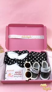 Hampers Kado Bayi Baru Lahir Premium Setelan Dress Bayi Motif Polkadot 4in1 Free Box / Kado Bayi lahir