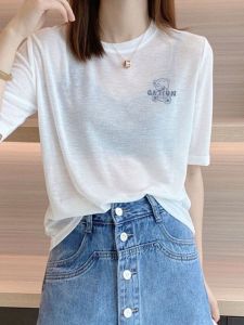 Áo Thun Tay Ngắn Mùa Hè Mới Cho Nữ Áo Thun Lụa Băng Rộng Rãi Áo Chống Nắng Túi Mặt Nạ Màu Trắng Áo Thun Cổ Tròn Thường Ngày