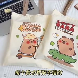 (READY STOCK) Viral Capybara Tote Bag Tuition Beg for Student Multipurpose Shoulder Bag卡皮巴拉卡通多功能帆布包 beg tuisyen capybara