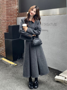 Gray Korean Retro Artistic Woolen Skirt Set Womens 2025 Autumn New Small Fragrance Jacket Long Dress Two-Piece Set