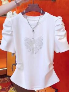 Summer New Fashion Casual Short Sleeve round Neck Embroidered Waist T-Shirt Womens Top Stylish Korean Loose Fit Creative Pattern