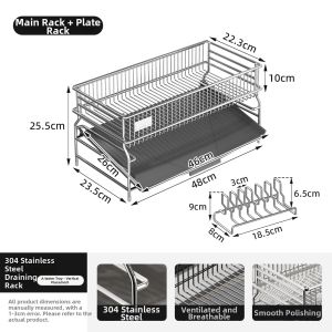Water Draining and Storage Dish Rack 304 Stainless Steel Double Layer