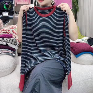 UYFY | Áo len dệt kim dài tay cổ tròn rộng rãi cho nữ mùa thu phong cách thường ngày màu sắc tương phản kẻ sọc cơ bản giảm béo