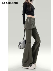 American Style Grey Work Pants Women High Waist Slimming Micro Flared False Two-Piece Pants Casual Cotton Trousers