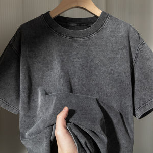 Summer New American Casual Short Sleeve T-Shirt Mens Trendy Brand Washed Lazy Style Pure Cotton Top Loose Fit Printed Beach Scene Quick Dry Polyester Blend