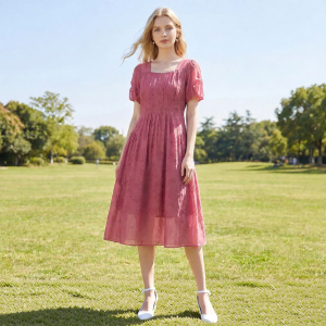 Puff Sleeve Beaded Floral Slim Fit Summer Dress