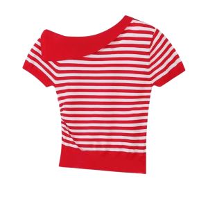 YUEZHONGWEI | French Style Irregular Shoulder Red Stripes Knitted Short Sleeve Womens T-shirt Slim Fit Summer New Arrival Exposing Shoulder Top