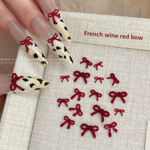 About 50pcs French wine red bow nail accessories / Cherry Red Mini Bow Resin Nail Decorations / DIY Nail Art Stickers