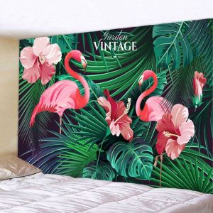 VIKAMA Watercolor Flower Flamingo Tapestry Pink Couple Flamingo Flower Green Leaf Background Cloth Warm Tapestry Room Decor