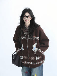 Autumn Winter Brown Rabbit Embroidered Open Cardigan Sweater Womens Lazy Style Knitted Outerwear Thick Warm Street Fashion