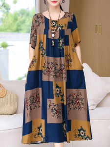 Elegant Cotton Silk Young Style Summer Dress for Middle-Aged Mothers Middle-Aged And Elderly Outerwear Fashionable Long Dress
