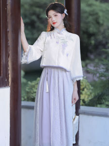 New Chinese Style Renovated Hanfu Set  Daily Small Clear Qipao Button Top Half Skirt Two Piece Set Nylon Material
