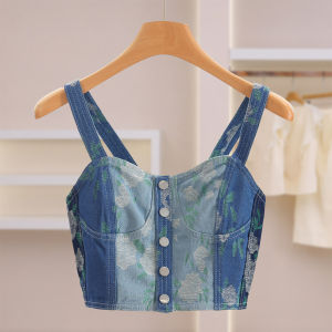 Contrast Color Patterned Buckle Elastic Slim Short Tank Top Summer Women