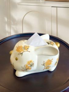 Creative Ceramic Tissue Box Living Room Luxury Drawstring Rabbit Ceramic Glaze Napkin Holder European Style Decorative Accessories