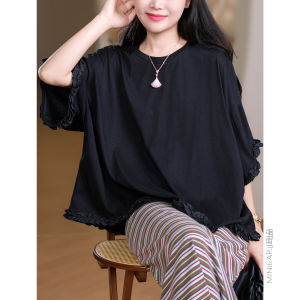 XIAOER | Loose Fit Cotton T-Shirt with 3D Earflap Ruffle and Round Neck