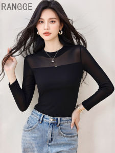 เสื้อยืดผู้หญิงคอปกสูงแขนยาวผ้าตาข่ายบุขนแกะสีดำ แฟชั่นฤดูใบไม้ร่วง/ฤดูหนาว เสื้อชั้นในผู้หญิง ทรงสลิมฟิต ระบายอากาศได้ดี