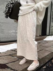 Retro Fancy Cheese Apricot Velvet Skirt Womens Fall and Winter Straight Skirt High Waist Versatile Split Fleece-lined One-Step Skirt