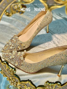 French Crystal Slip-On Shoes for Women Elegant Glitter Wedding Shoes Comfortable High Heel Fashionable Everyday Wear