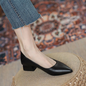 Leather Pointed Toe High Heels Women Low Heel Comfortable Shoes Spring New Style Summer Soft Leather Not Tired Foot Single Shoes