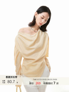 Comfortable ROEYWANGding Silk Pearl Matte Design Womens Shirt Spring Summer Irregular Design Long Sleeve round Neck Pullover