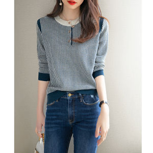 เสื้อสเวตเตอร์ถักลายสก็อตสไตล์ยุโรปสำหรับผู้หญิง ทรงสลิมฟิต แขนยาว ปกติ คอตั้ง ปกติ คอตั้ง ปกติ