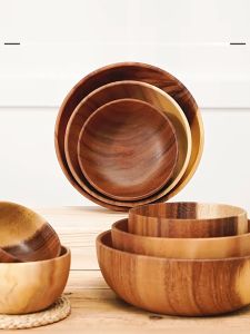 Specool® Japanese Style Wooden Bowls Plates Dinnerware Set Acacia Solid Wood Bowl For Salad Rice Various sizes