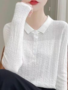 Pure Woolen Knitted Polo Neck Sweater for Women Exquisite Weaving Doll Collar Style Long Sleeve Solid Color Commute Simple Fashion
