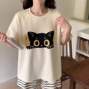 New Summer Ins Style Sweet Pijama Womens Simple Loose Short Sleeve Short Pajamas Student Girls Dormitory Sleepwear Set with Chest Pad