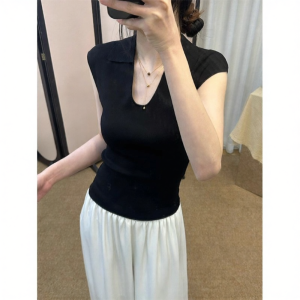 chaqi | French U-Neck Turn-down Collar Elegant Slim Fit Knit Top