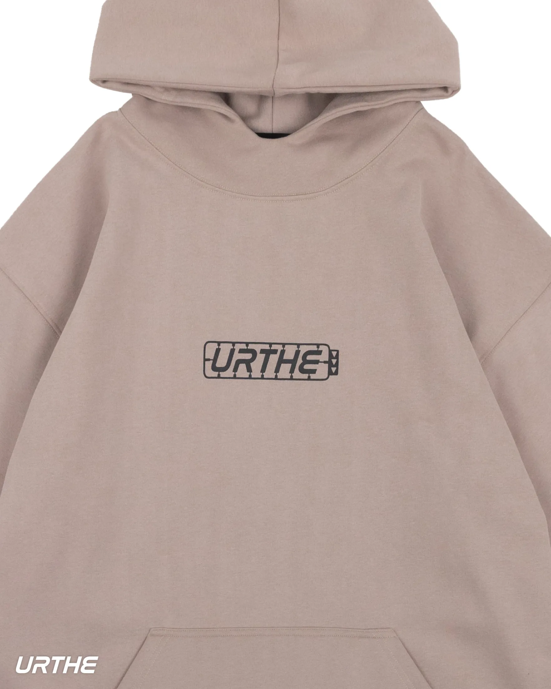 URTHE - เสื้อฮู้ด แขนสั้น OVERSIZE สกรีนลาย รุ่น THE PART HOODIE สีดำ สีขาว สีม่วง สีน้ำตาล