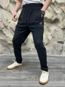 Ice-Cool Summer Mens Sports Running Loose Fit Casual Pants Quick-Dry Comfortable Silk Straight Leg Zipper mid Waist Nine Points
