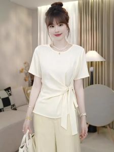 Elegant Asymmetrical round Neck Short Sleeve T-Shirt Womens 2025 New Summer High-End Waist-Cinching Belted Top Women