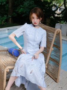 Váy Ren Thêu Khoét Sâu Màu Xanh Lam Cạp Cao Tay Ngắn Mùa Hè Váy Chữ a Cạp Cao Cỡ Lớn Cho Nữ Váy Chữ a Cạp Cao