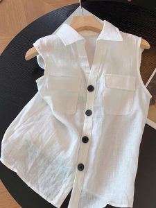 White Polo Neck Sleeveless Shirt Womens Summer Thin Loose Single Button Vest Top Simple Quality Classic Style Short Sleeve