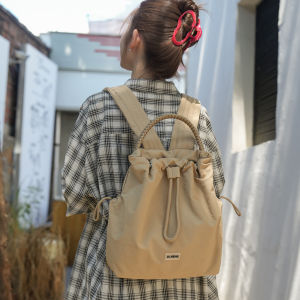 Korean Style Ins Lightweight Nylon Bucket Shoulder Bag Womens Large Capacity Waterproof Commuting Handbag with Drawstring