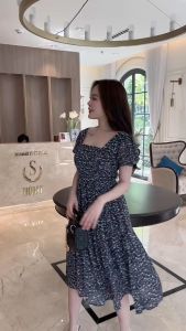 Đầm xòe hoa cổ vuông xếp ly ngực tay phồng bo chun Misa - MS0287