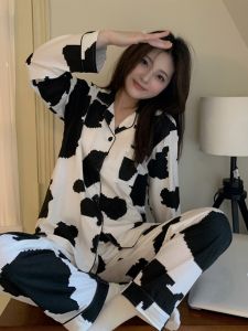 Spring Autumn New Couple Cartoon Cow Sleepwear Long Sleeve Pure Cotton Home Clothes Set for Men And Women with Collar
