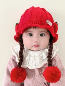 Mũ Dệt Kim Dễ Thương Cho Bé Gái Mùa Thu Đông Có Tai Ấm Hai Đuôi Dâu Tây Mũ Len Trùm Đầu Thoải Mái Cho Bé Gái