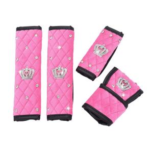 4PCS/Set Crystal Soft Plush Car Hand Brake Cover Gear Shift Knob Cover Auto Seat Belt Covers Diamond Crown Decor Pink Black