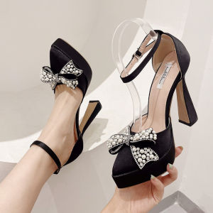 2025 New Womens Pointed Toe Sandals High Heels Chunky Heel Waterproof Platform Single Shoes Fashion Show Slip-On Low Cut Rubber Sole