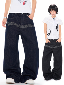 MKGO | Retro Musical Note Embroidery Loose Flare Denim Jeans