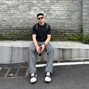 กางเกงขายาวทรงตรงสไตล์อเมริกันสำหรับฤดูร้อน กางเกงขายาวทรงตรงสีเทา ทรงบาง ทรงสลิมฟิต กางเกงขายาวสำหรับใส่ทำงานแบบลำลอง