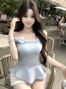 GUZILIAN | Pure Desire Style Butterfly Knot One Shoulder Short Sleeve Womens T-shirt Summer Design Sensual Waist Cinching Lace Trim Top